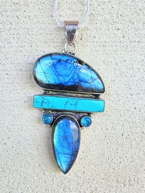 Labradorite, Turquoise, and Blue Topaz Pendant In 925 Sterling Silver (3")
